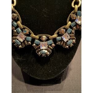 Statement necklace chunky bib style gold tone blue and clear rhinestones 22”